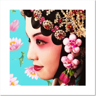 Chinese Opera Star with Lotus Flowers Turquoise - Hong Kong Retro Posters and Art